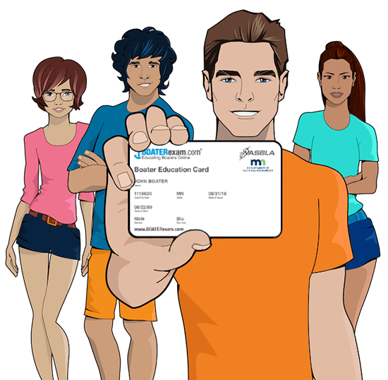 iLearnToBoat characters holding Minnesota safety education card